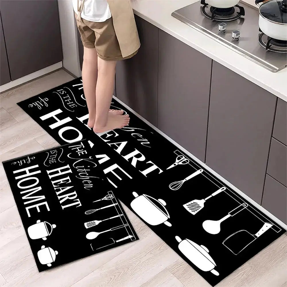 Simples Market two black non-slip kitchen mats with white utensil graphics, crystal velvet absorbent doormats