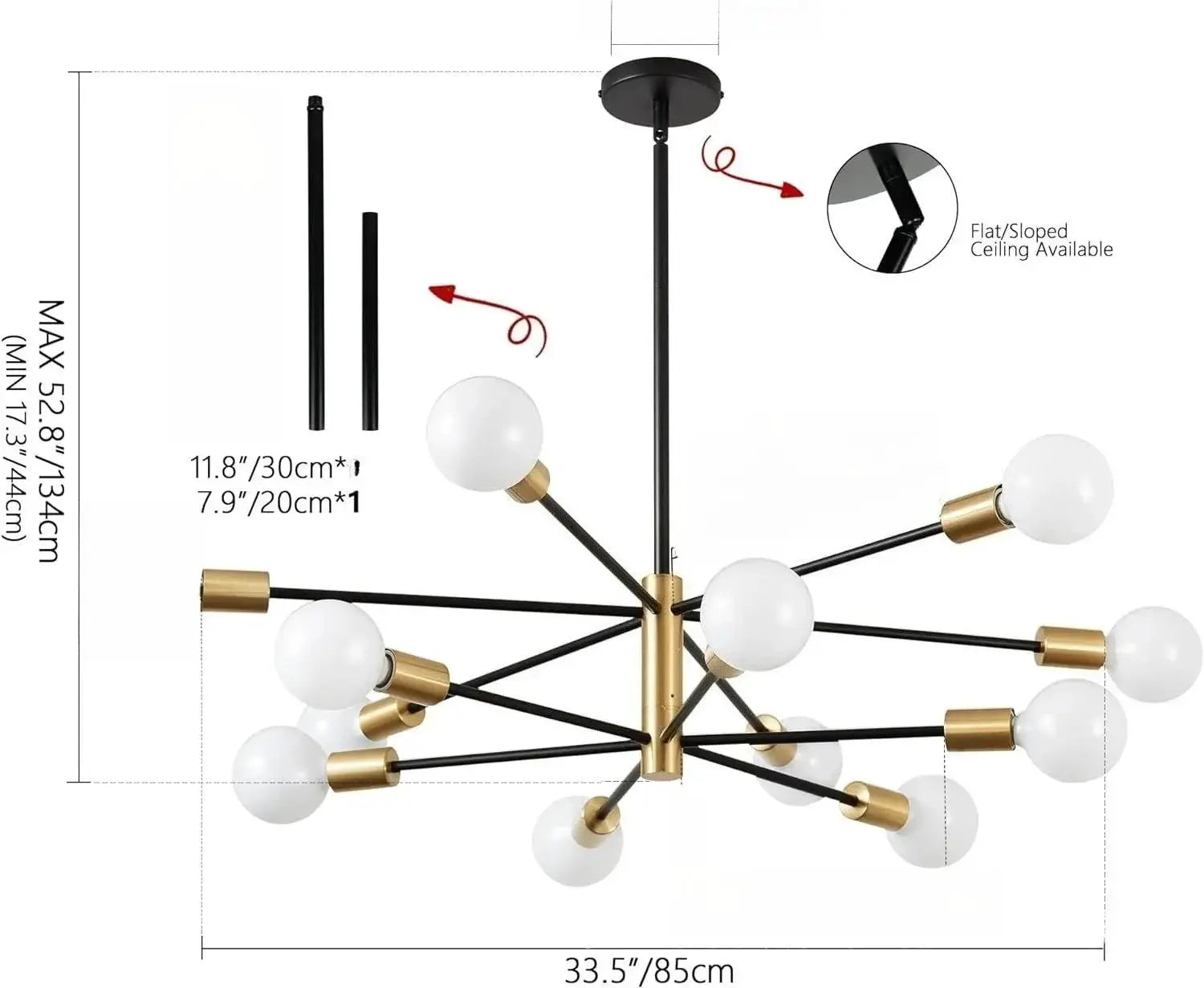 Nordic LED Chandelier by Simples Market with black metal arms, brass accents, and white globe bulbs