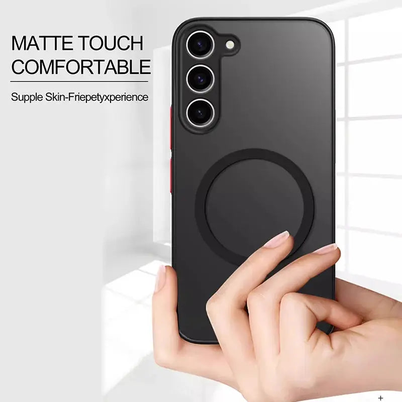 S26/S25/S24/S23 Ultra Plus matte magnetic armor case for Samsung Galaxy; black frosted with circular back ring.