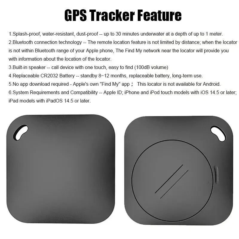 Smart Bluetooth GPS tracker; two black square devices with rounded corners, front and back views.