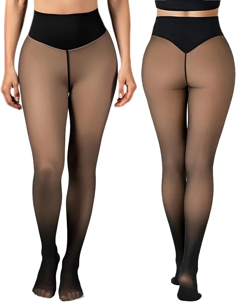 Simples Market one-seam fleece-lined tights, nude sheer pantyhose with black control-top, plus size, two shown.