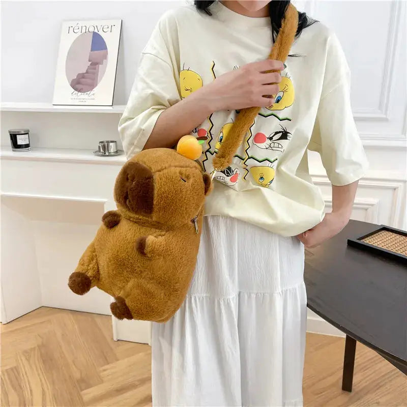 Capybara plush backpack crossbody bag in brown fur, cute bag for women and kids