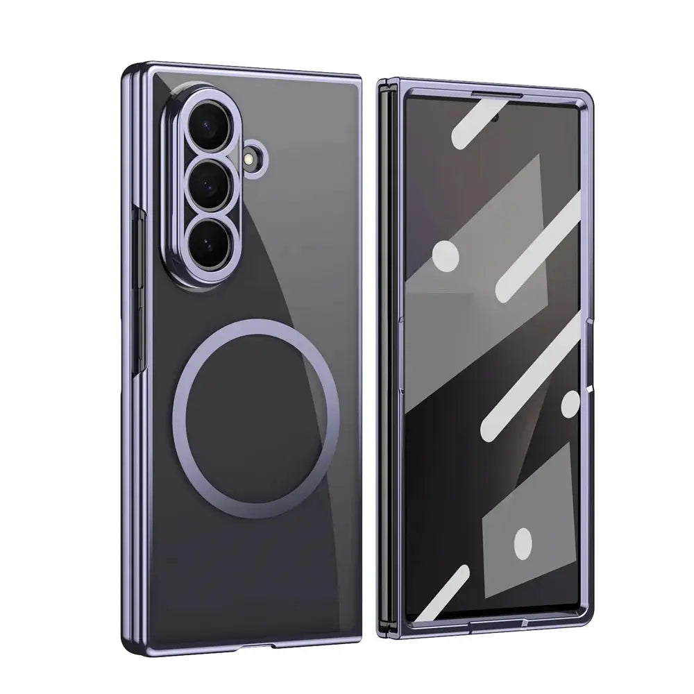 HD Clear Tempered Film Magnetic Case for Samsung Galaxy Z Fold 7/6/5/4/3 with purple frame and back ring