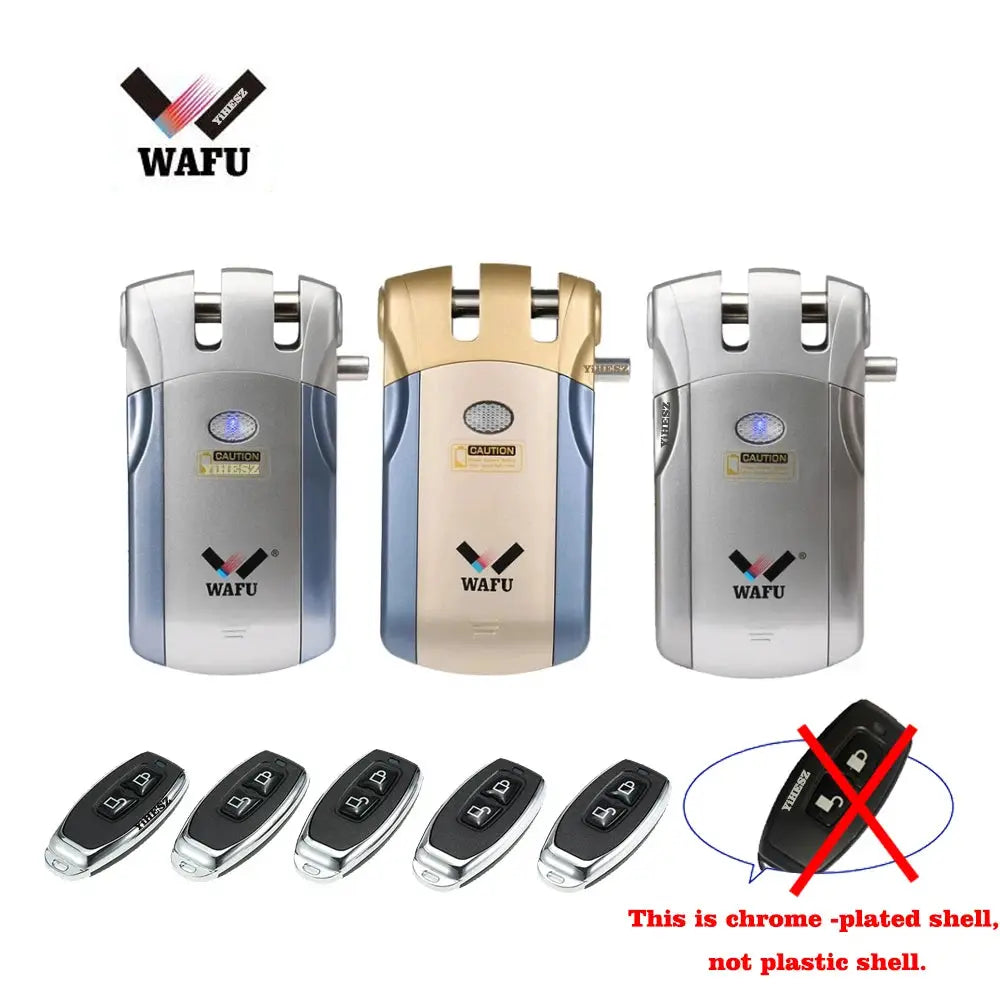 Wafu 019 remote control door lock set: 3 chrome-plated units and 5 remotes (433MHz) by Simples Market.