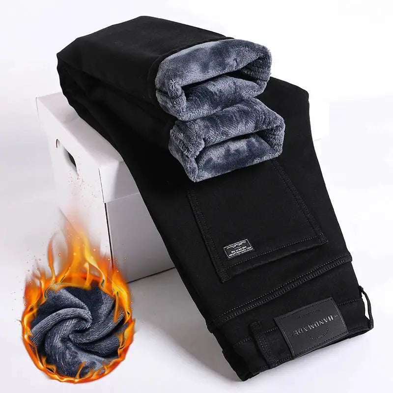 Winter fleece-lined men's jeans by Simples Market black slim straight denim with elastic waist.