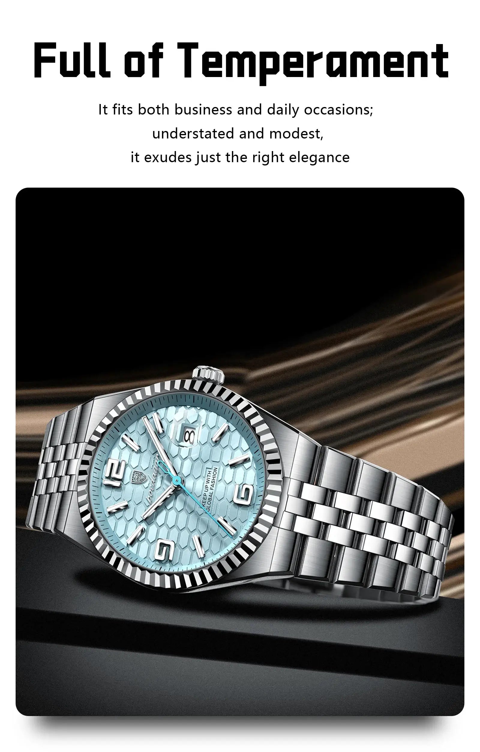 POEDAGAR men's stainless steel watch with blue honeycomb dial and date window