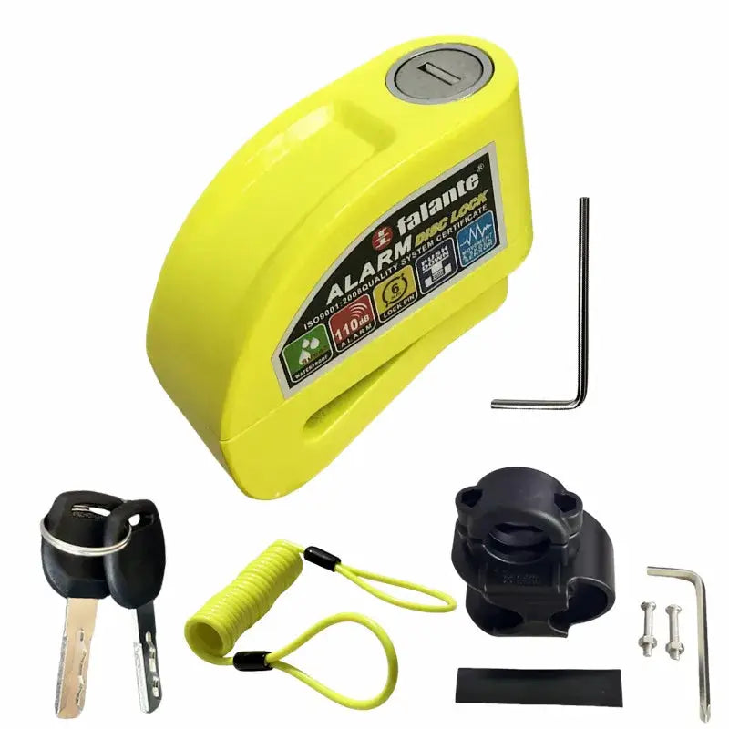 Falante alarm disc lock set in bright yellow with keys, mounting bracket, screws and lanyard for motorcycle security
