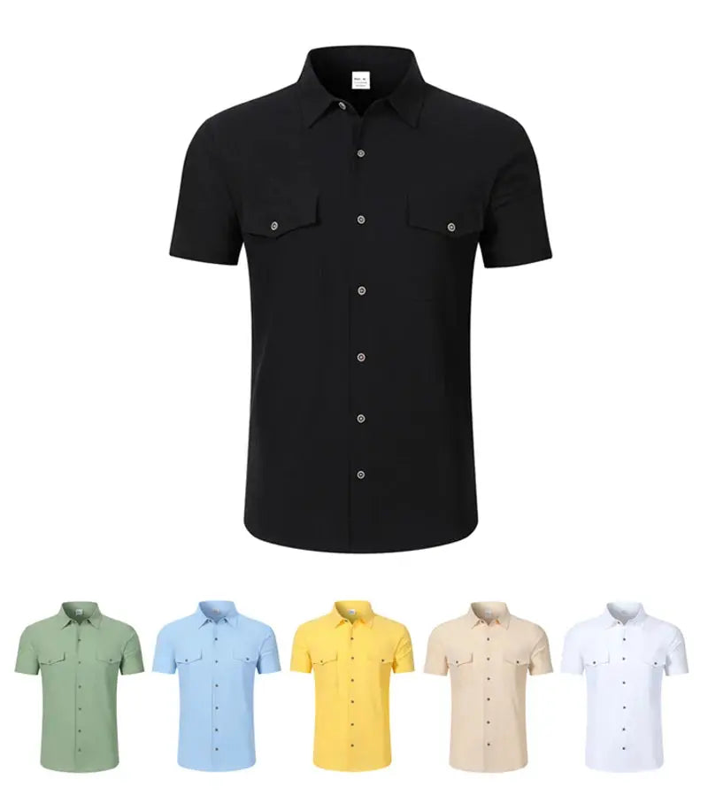 Men's Simples Market linen button-up short-sleeve shirt with lapel collar and double chest pockets, black; 6 colors
