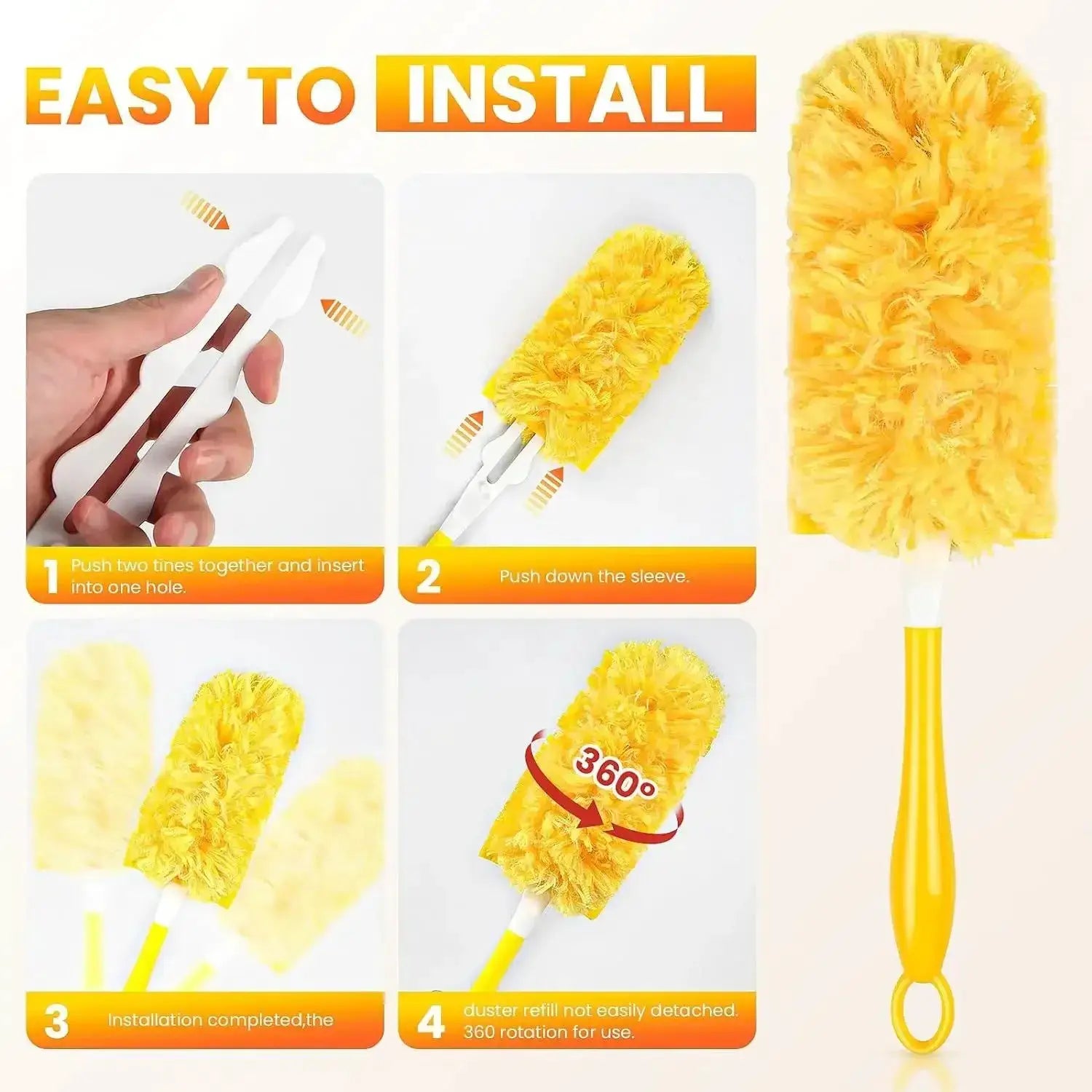 Simples Market 360° electrostatic duster with yellow fluffy head and yellow handle; installation steps shown