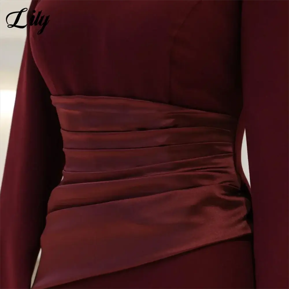 Lily Burgundy Satin Mermaid Prom Dress With High Neck Sleeves Dubai
