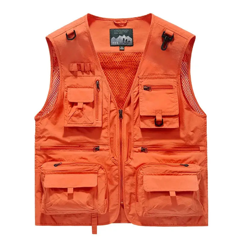 Men's orange outdoor mesh vest with multiple pockets, zippers, and breathable lining