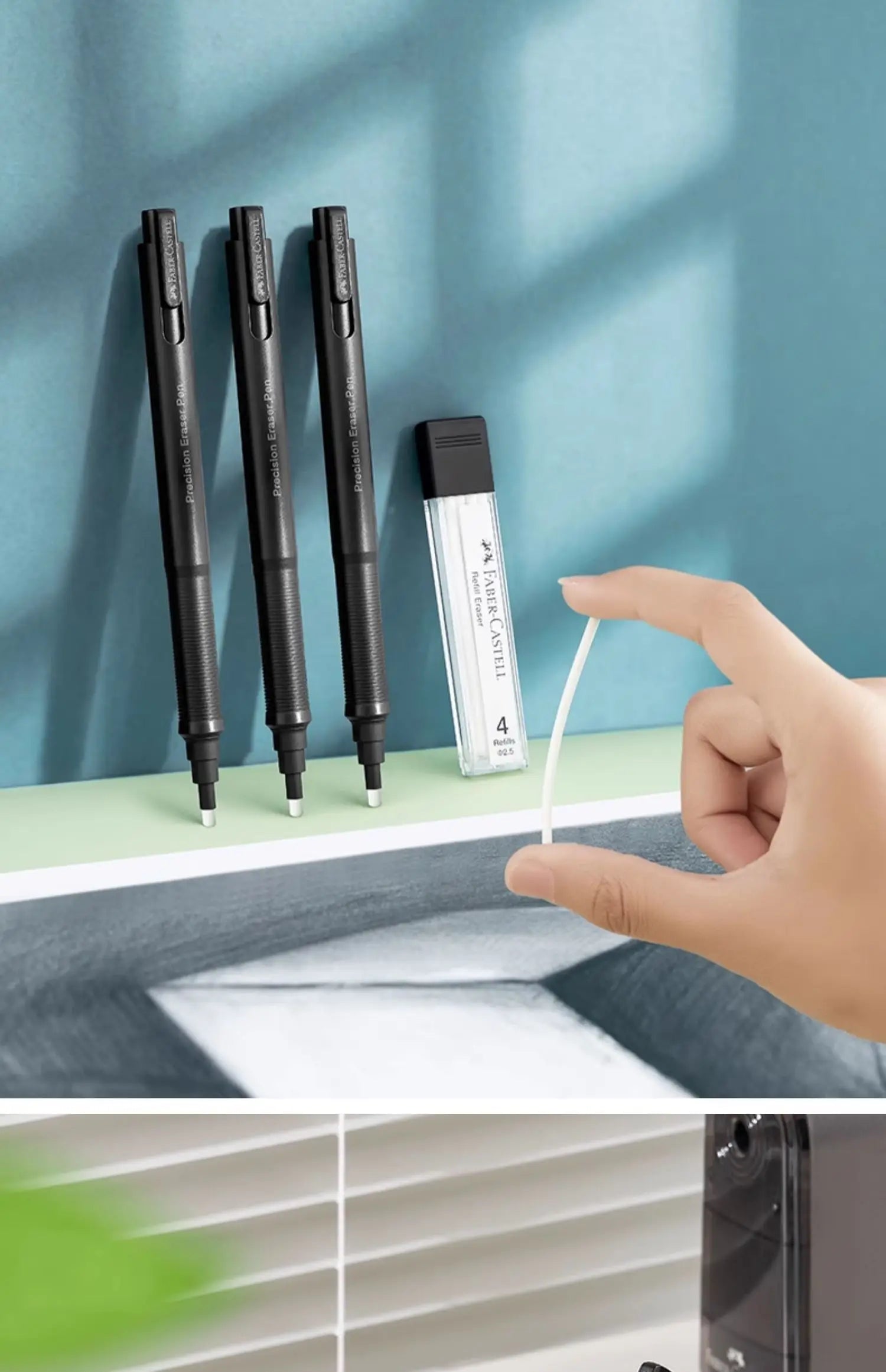 Faber-Castell precision eraser pen-style pens, 3-pack in black plastic with refill container visible