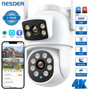 BESDER 4K 8MP outdoor dual-lens WiFi security camera with AI human detection, iCSee app, white