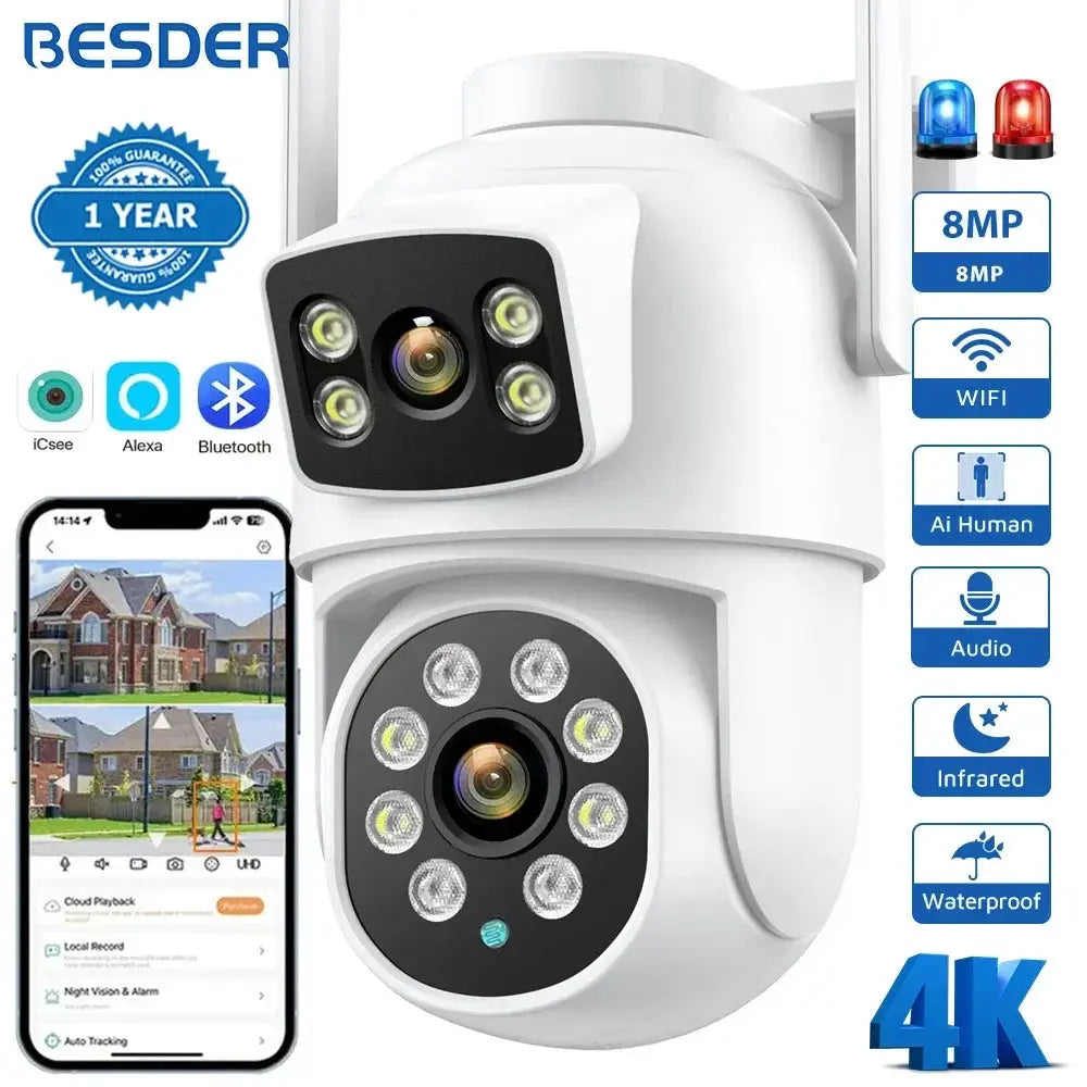 BESDER 4K 8MP outdoor dual-lens WiFi security camera with AI human detection, iCSee app, white