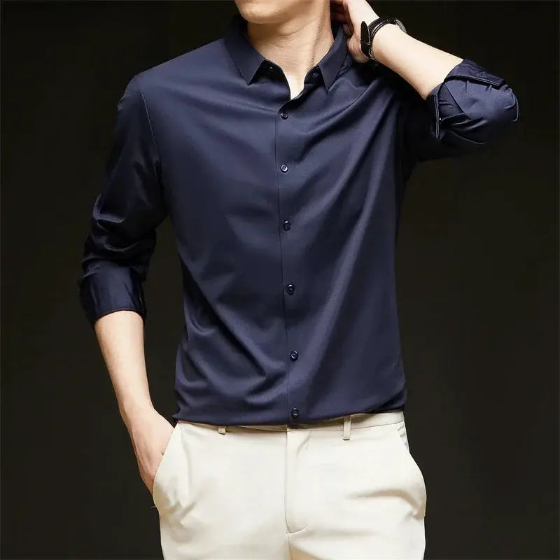 Simples Market men's navy blue wrinkle-resistant long-sleeve business casual shirt