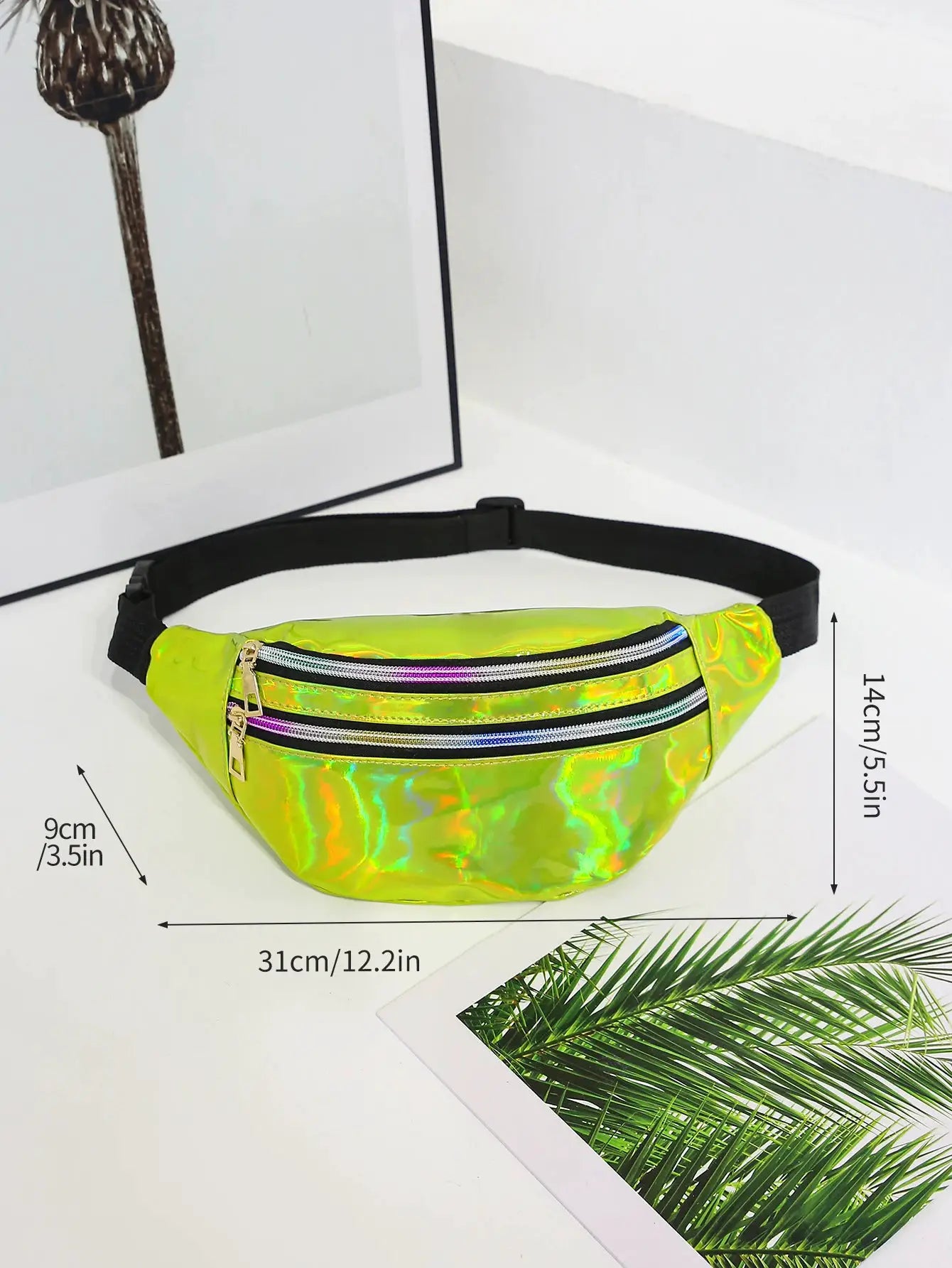 Holographic fanny pack by Simples Market, lime PU waist bag with black adjustable strap and dual zip pockets.