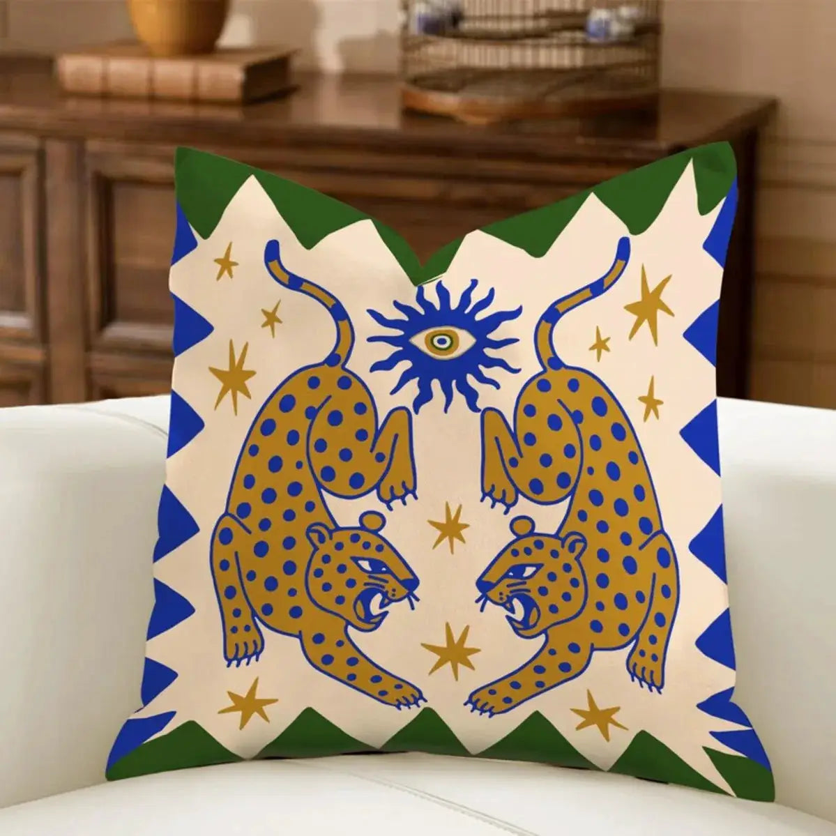 Pillow cover by Simples Market featuring Minimal Boho sun leopard palm tree design in blue and gold on beige.