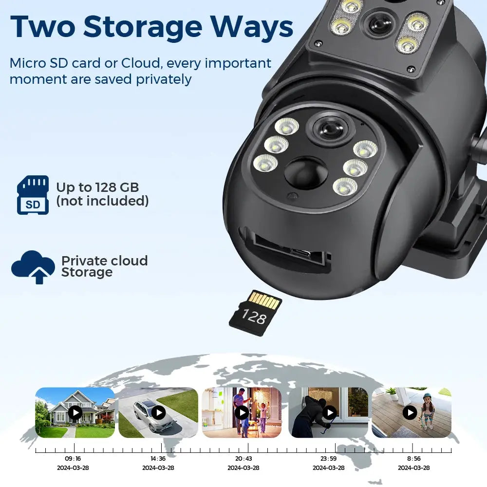 Simples Market 8MP 4K Solar WiFi security camera with built-in battery, dual lens, black; 1 cam and microSD not included