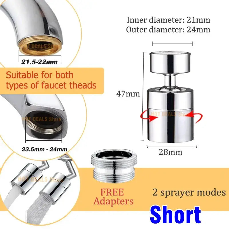 Chrome dual-function faucet aerator with anti-splash bubbler, 360° swivel, 2 spray modes; fits 21–24mm threads