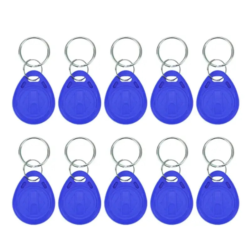 Ten blue RFID keyfobs for 125KHz TK4100 EM4100 proximity, on metal keyrings