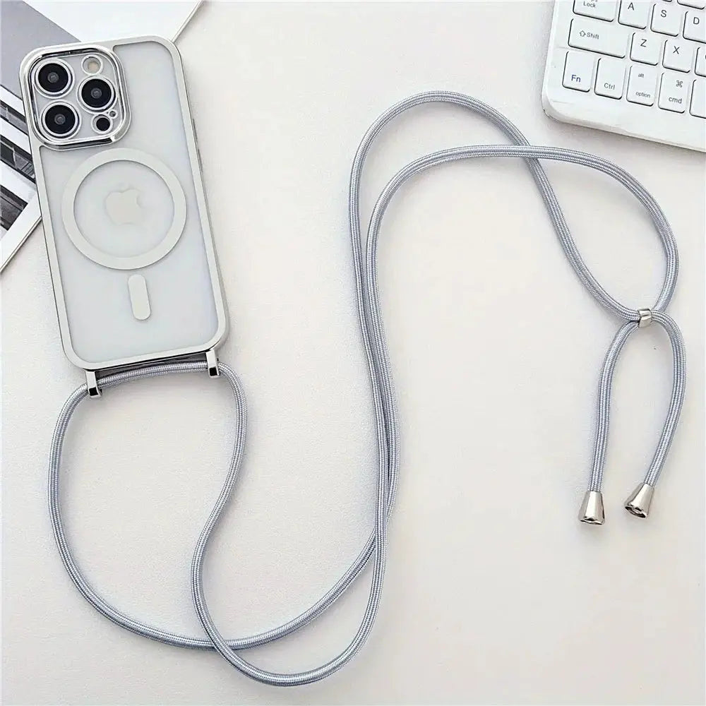 Crossbody lanyard phone case for iPhone with silver braided cord and metal tips