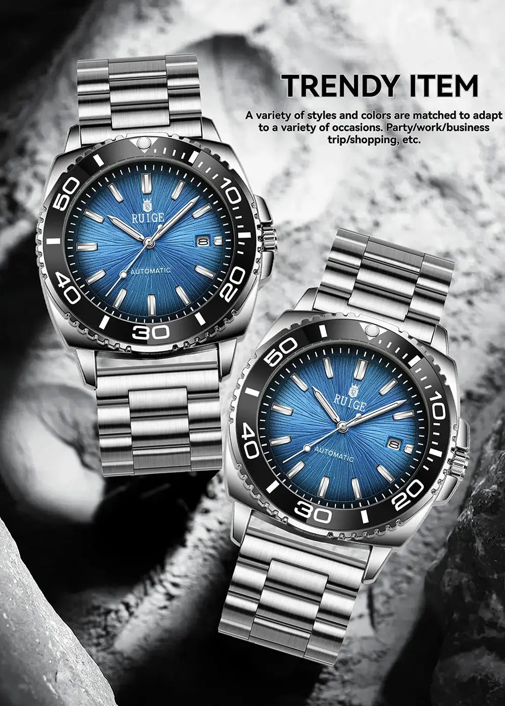 Two RUIGE men's stainless steel automatic watches with blue dials, date window, and rotating bezels
