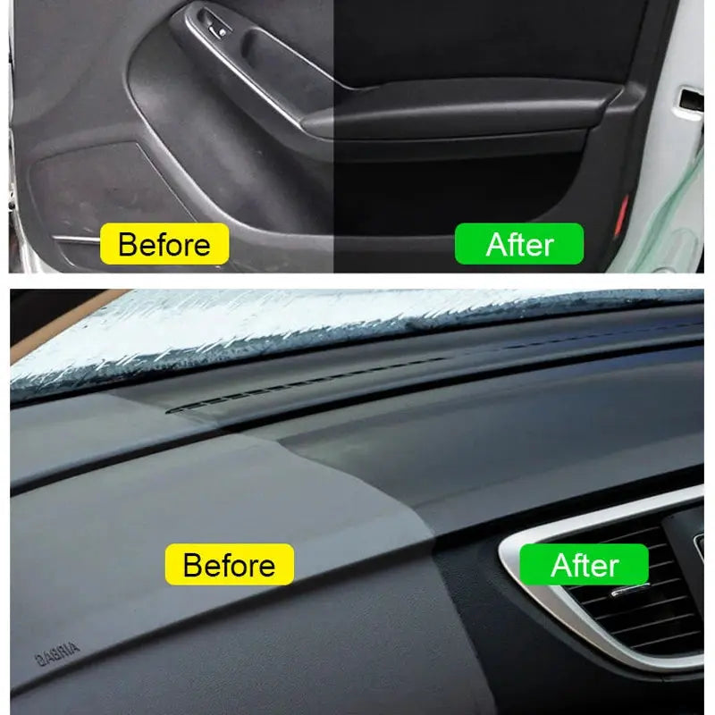 Leather treatment cleaner spray by Simples Market, 260ml, for car interiors and plastics; dashboard and door panel before/after.