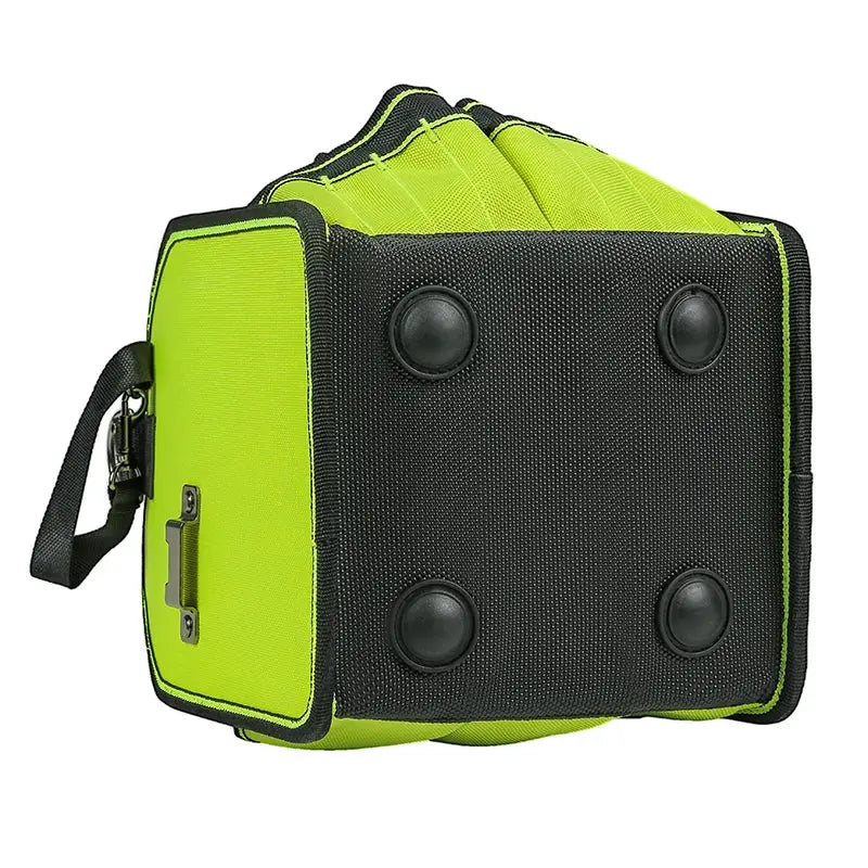 Tool tote with handle by Simples Market, 35 pockets and loops, lime green and black, water-resistant