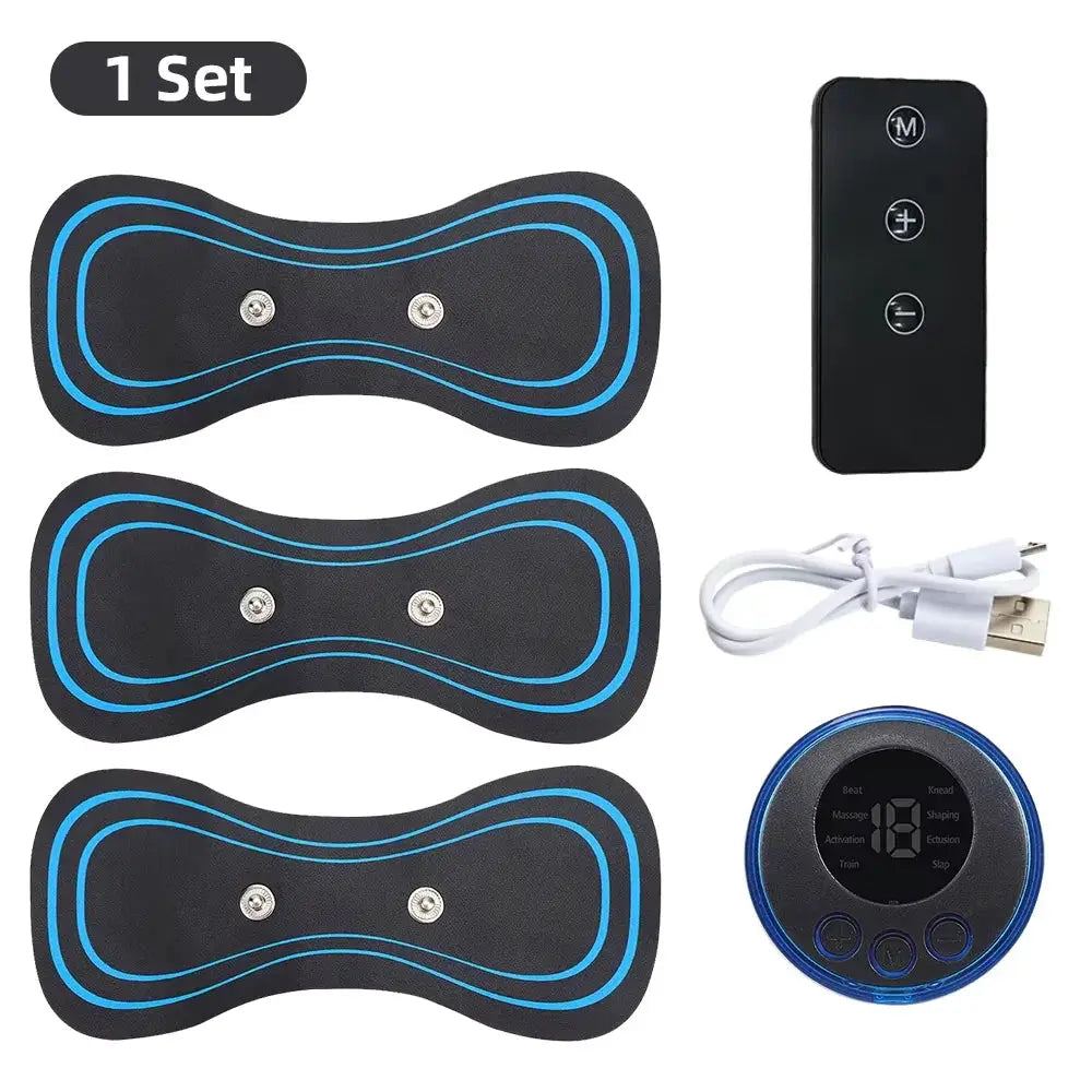 Simples Market EMS neck massager set with 3 black pads with blue accents, wireless remote, USB charger