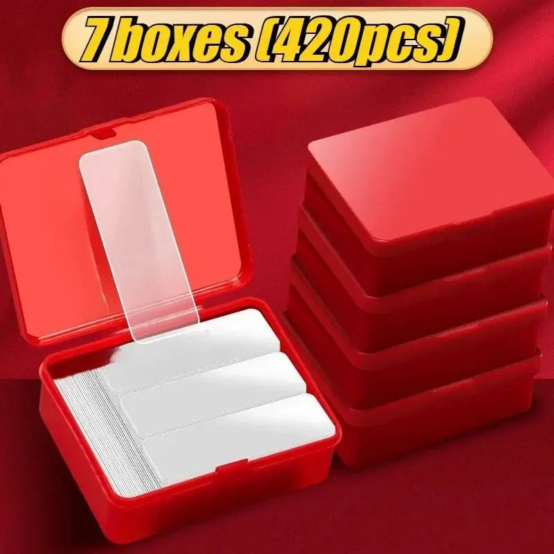 Reusable clear double-sided adhesive tabs in red storage boxes, 7 boxes (420 pcs)