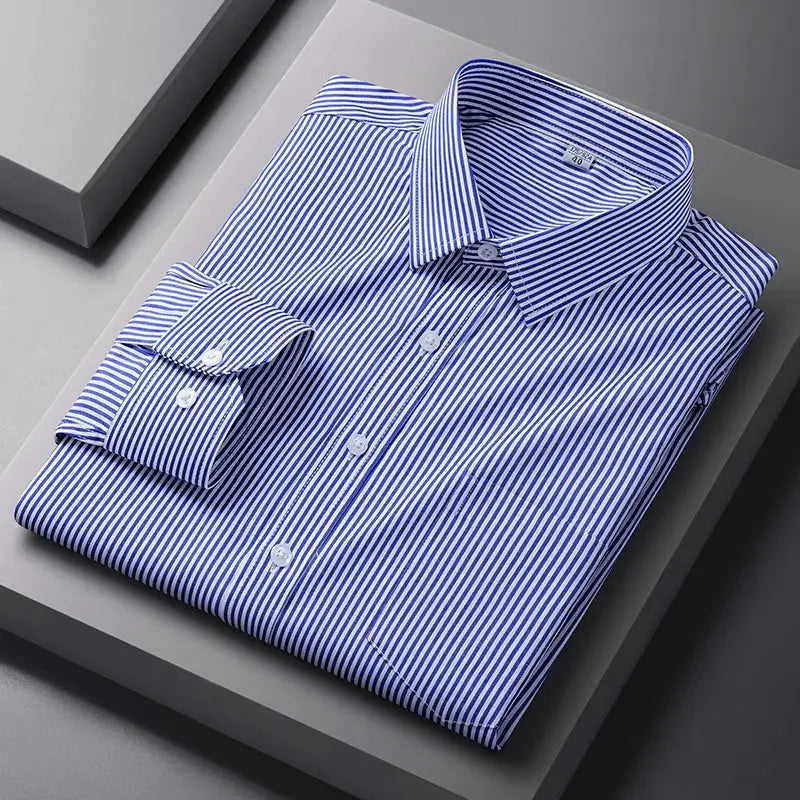 Men's blue and white striped dress shirt, long sleeves, button-down, folded.