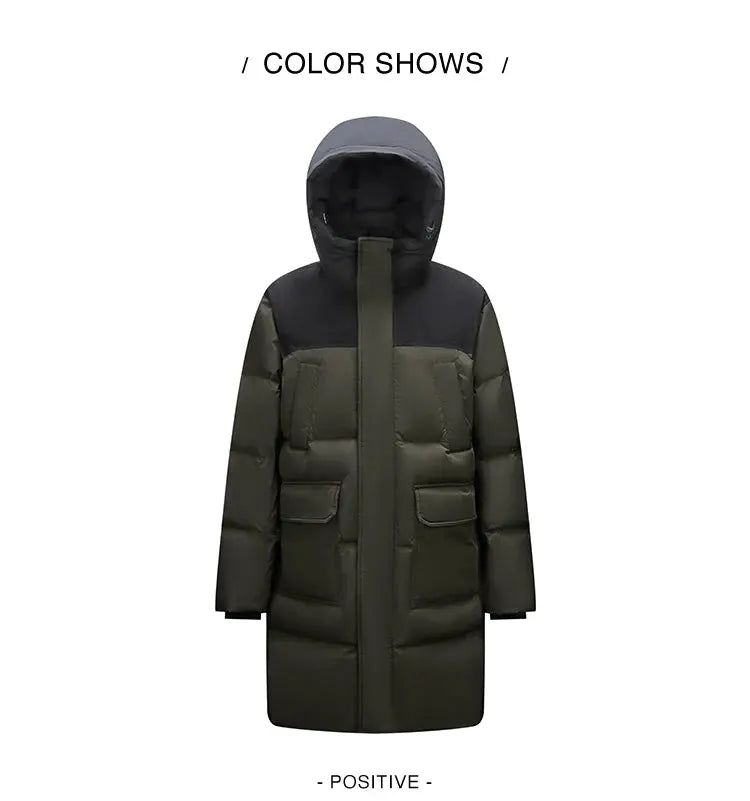 Semir men's down jacket, olive-green long puffer coat with black yoke and hood, waterproof by Simples Market.