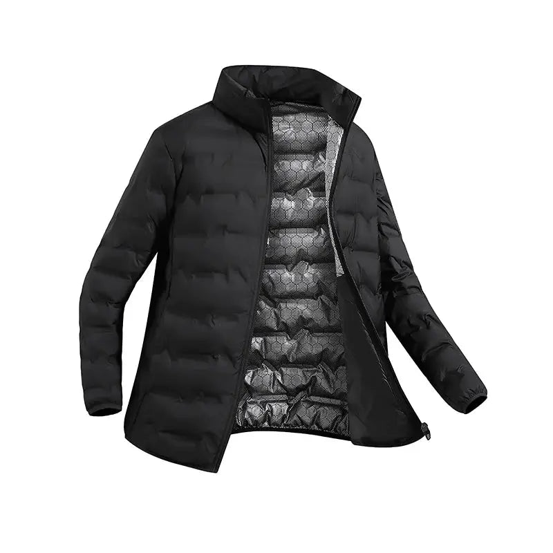Men's black hooded puffer jacket with quilted interior and zip closure