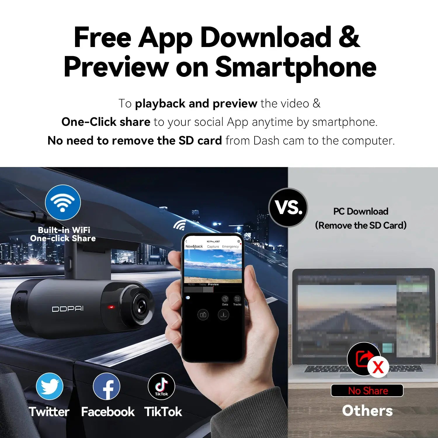 DDPAI Mola N3 Pro dash camera in black with built-in WiFi, shown with smartphone app control (Simples Market).