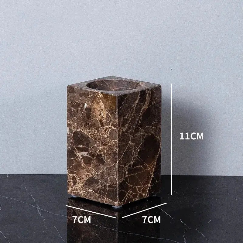 Emperador Dark marble toothbrush holder by Simples Market; brown natural stone bathroom accessory, 11 cm tall, 7 cm square