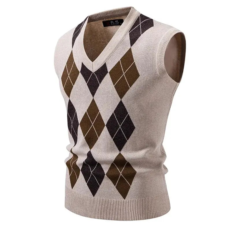 Mens argyle knitwear vest by Simples Market, beige sleeveless V-neck with brown diamonds.