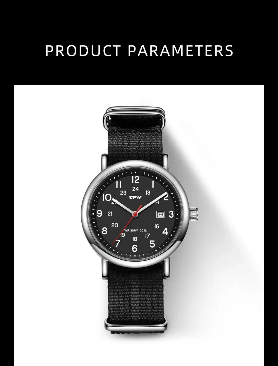 TPW field watch by Simples Market with black dial, fabric strap, 24-hour display, date window, quartz movement