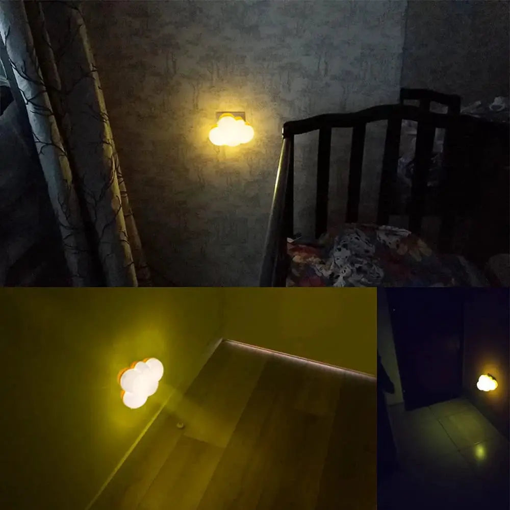 LED cloud night light, wall-plug, warm yellow glow; three units shown in different rooms.