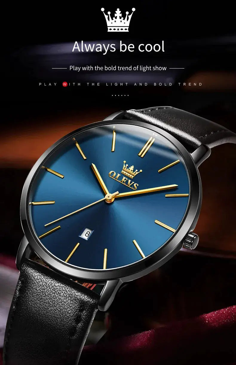 OLEVS 5869 ultrathin quartz men's wristwatch with blue dial, gold hands, date window, black leather strap.