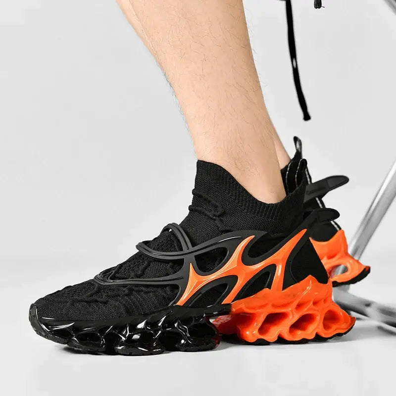Men's sneakers Simples Market with black knit upper and orange lattice outsole