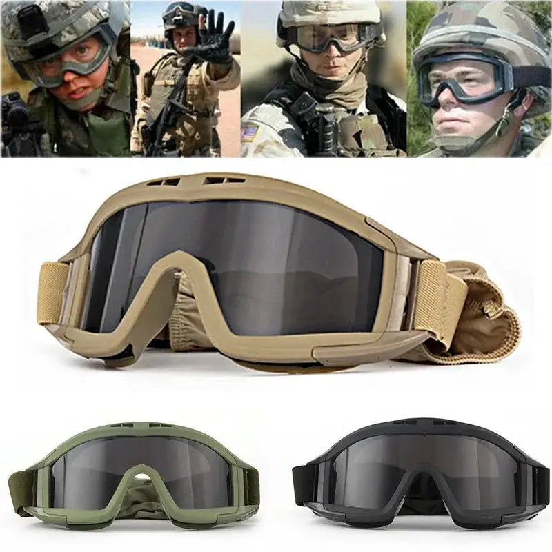 Airsoft tactical goggles, set of 3 in tan, green and black with adjustable straps