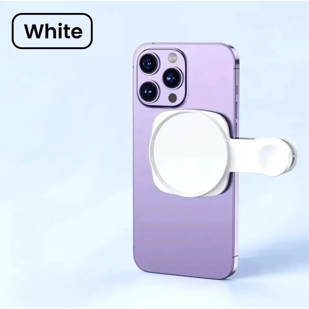 Smartphone camera lens selfie mirror clip kit, white clip with circular mirror attached to a purple iPhone