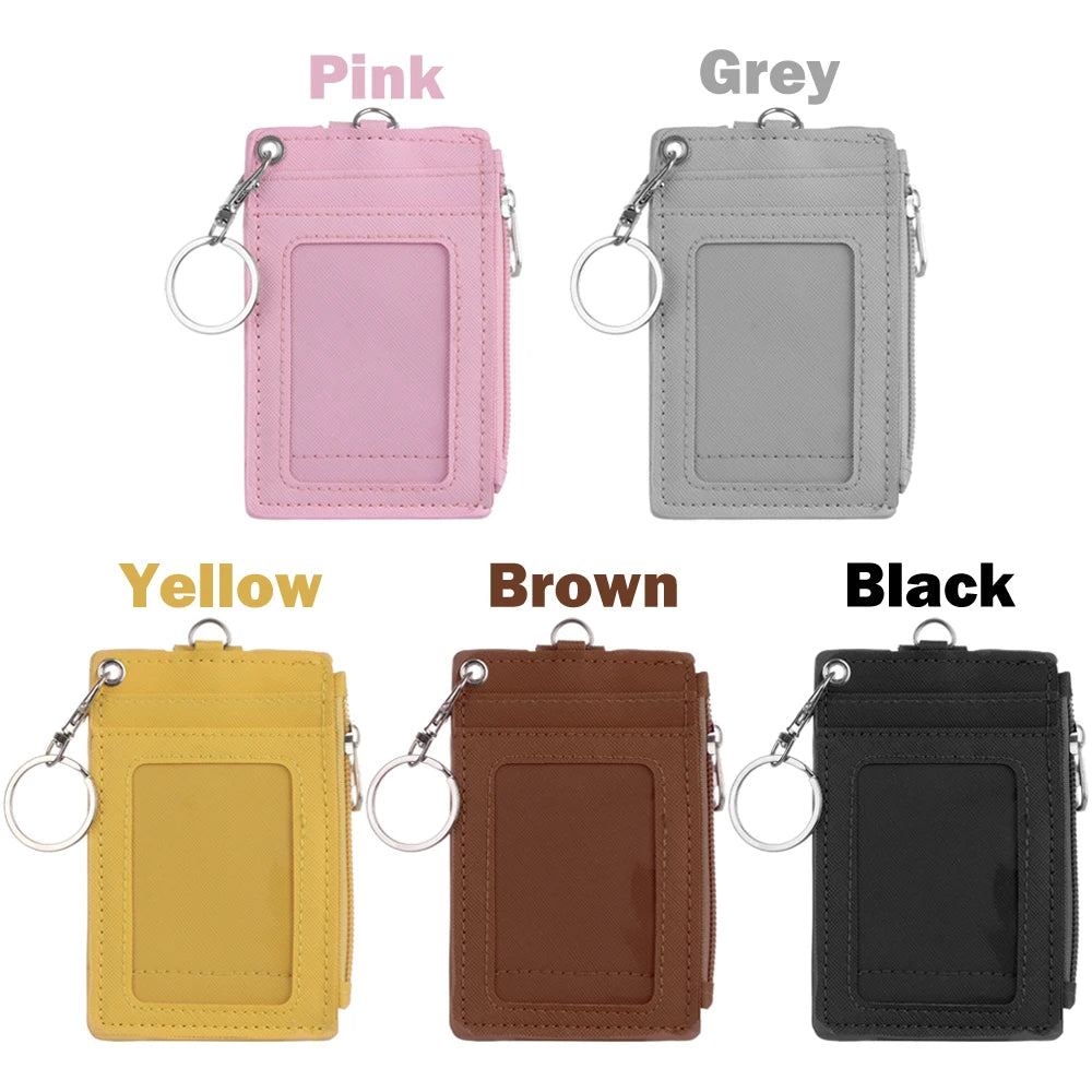 Simples Market PU leather card holder with keyring — five color variants: pink, grey, yellow, brown, black