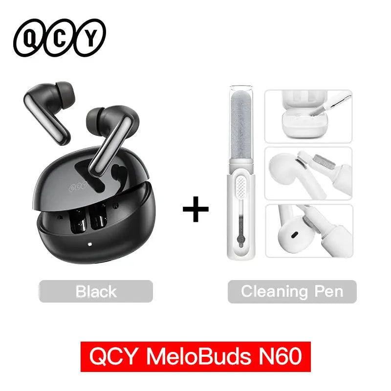 QCY MeloBuds N60 black wireless earphones with charging case and cleaning pen accessory