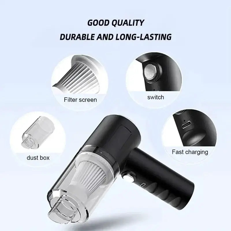 Portable wireless car vacuum cleaner, black handheld with transparent dust box and filter screen, fast charging