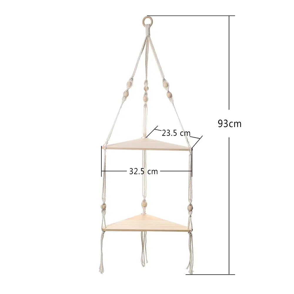 Three-tier wooden triangle floating wall shelf with natural finish and boho rope hanging decor