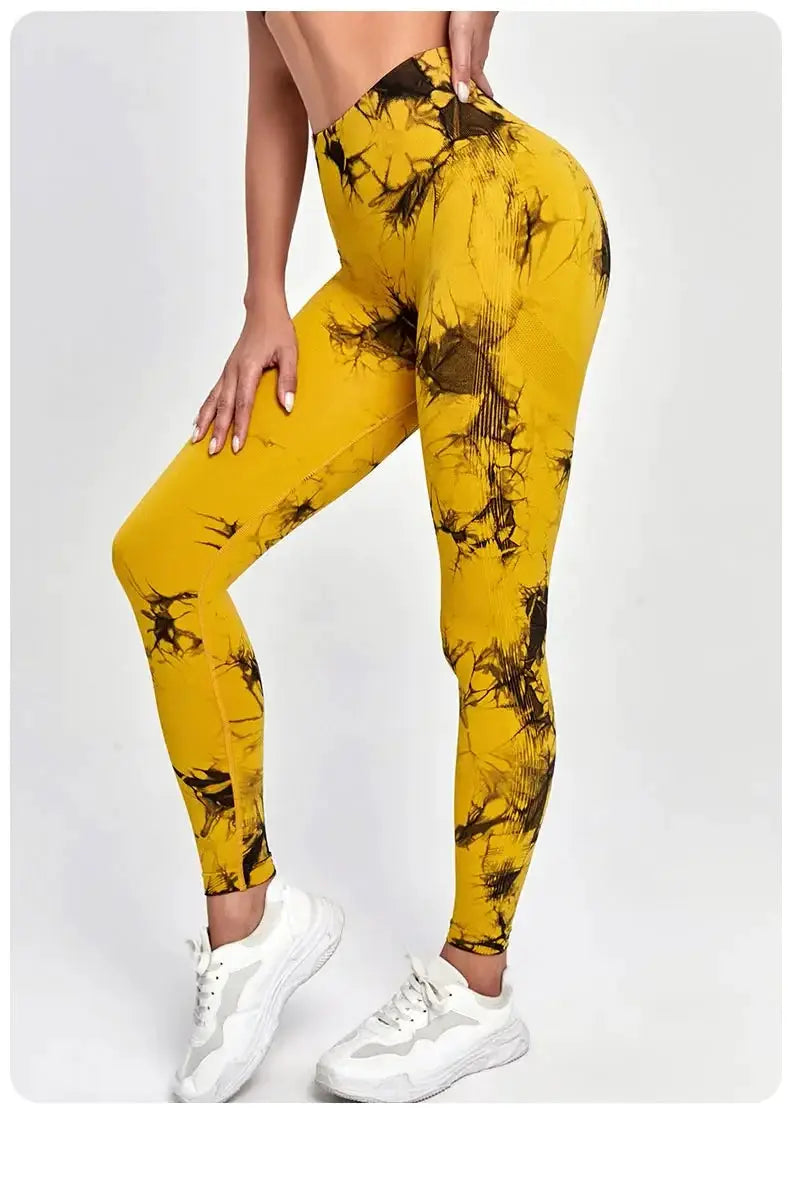 Women's tie-dye nine-tenths leggings, high-waist, yellow with black pattern, soft stretchy fabric