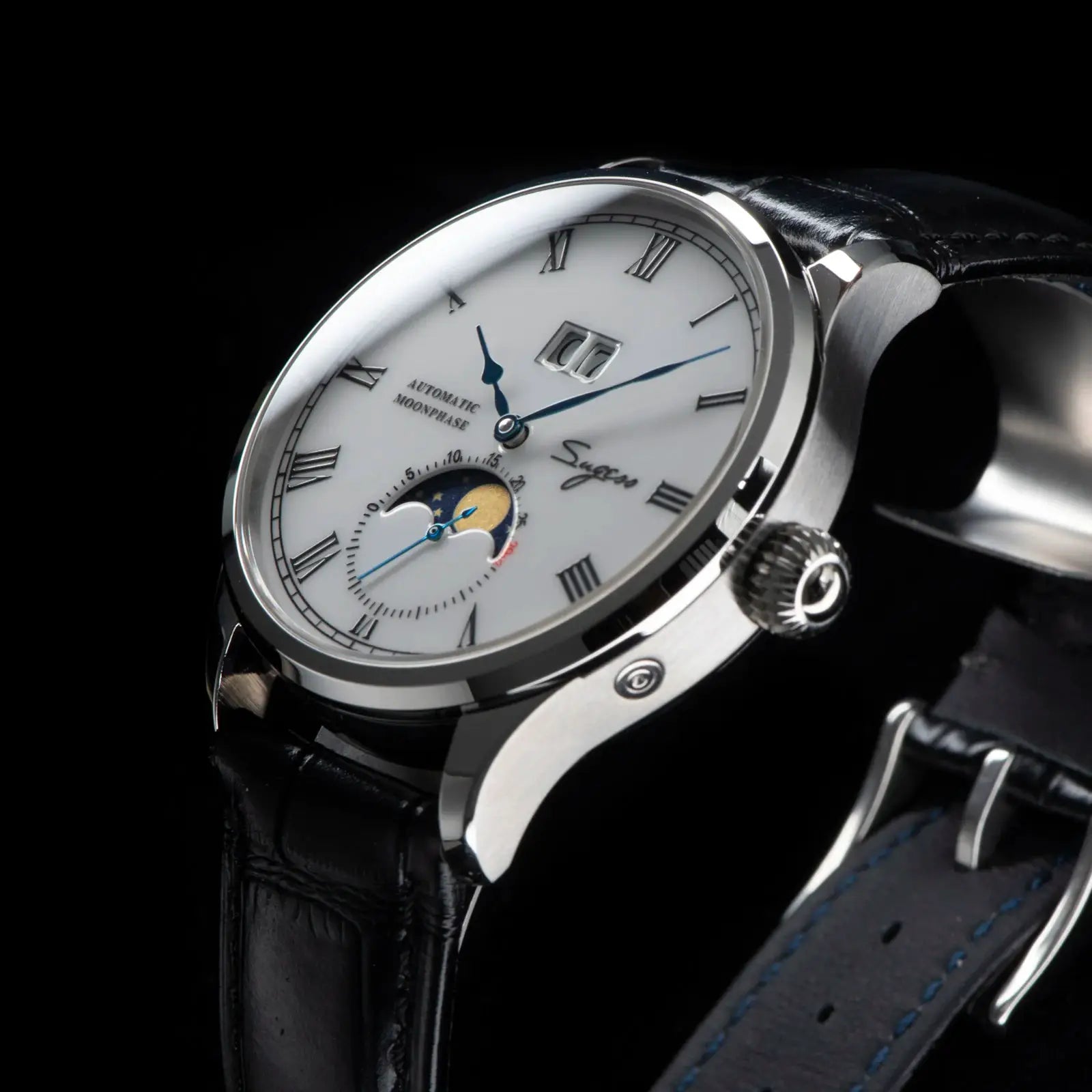 Sugess Tianjin ST25 automatic moonphase watch with white dial, Roman numerals, blue hands and black leather strap.