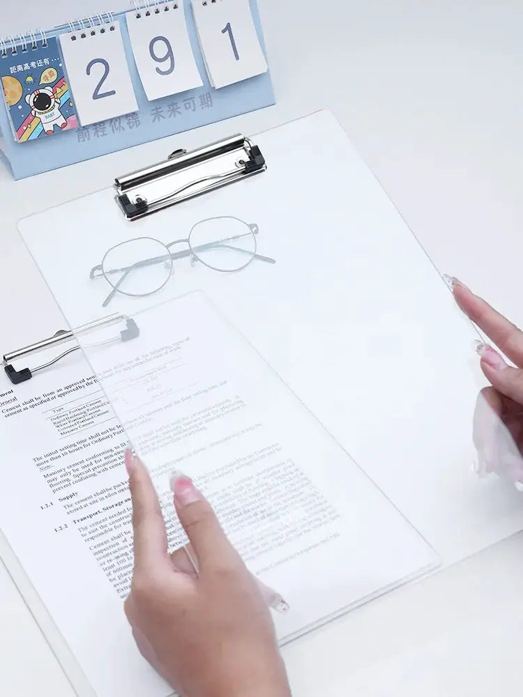 A4 clipboard folder with clear cover and metal clip for business and school use, office stationery