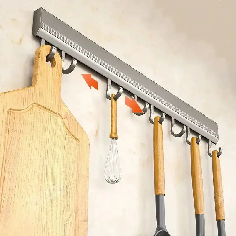 Aluminum alloy wall-mounted kitchen utensil rack with six hooks and wooden-handled tools